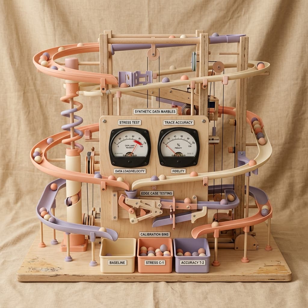 3D simulation testing machine with synthetic data marble run, stress test and trace accuracy dial gauges, and calibration bins
